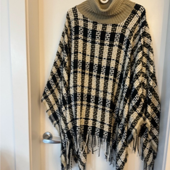 Plaid Turtleneck Poncho Sweater - Black and Cream - Picture 1 of 2